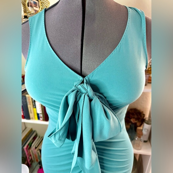 Elie Tahari Turquoise Ruffled Ruched Draped Dress Blue Sz 6 Sexy Flirty Designer - Picture 6 of 11